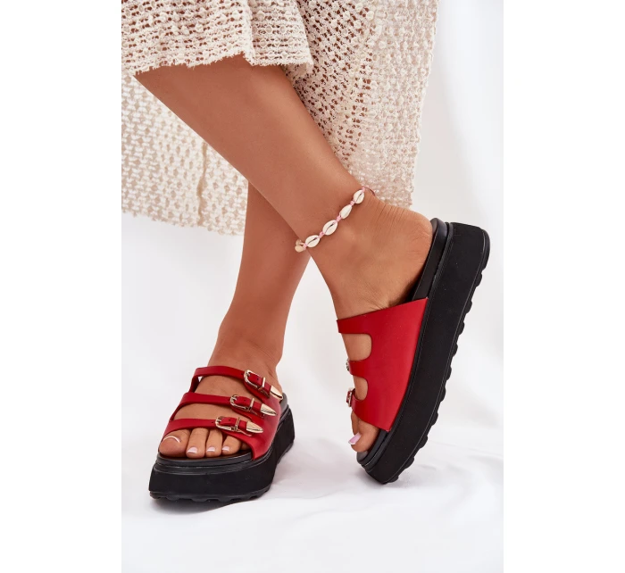 Klapki Damskie Na Platformie Z Paskami Czerwone Nimiotte