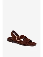 Dámské sandály na ploché podrážce se zlatým přezkou čokoládové model 22125670 - Boto