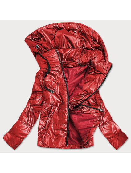 Červená lesklá dámska bunda s kapucňou (B9575)