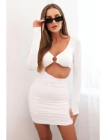 Dámske šaty s dlhým rukávom a pásom s ozdobným kruhom ecru