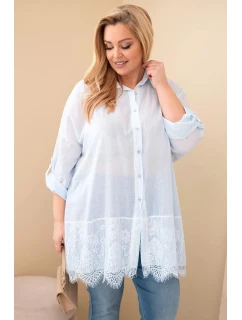 Dámská košile Plus Size bavlněná s krajkovým lemem modrá