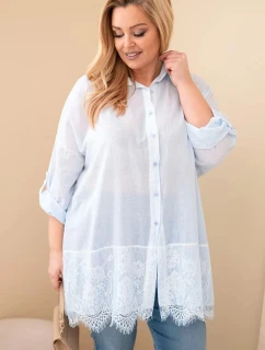 Dámske bavlnené tričko s čipkovým lemom v modrej farbe