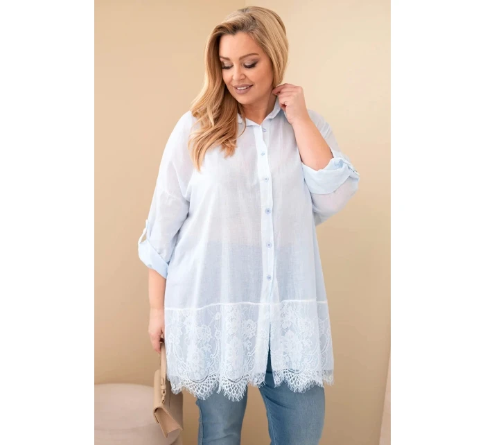 Dámská košile Plus Size bavlněná s krajkovým lemem modrá