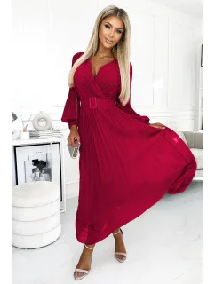 414-9 KLARA plisované šaty s opaskom a výstrihom - bordové