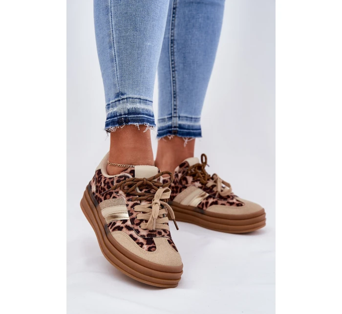 Sneakersy Damskie Na Platformie Z Podwójnym Sznurowaniem Panterka Beżowe Niteria Sneakersy Damskie Na Platformie Z Podwójnym Sznurowaniem Panterka Beżowe Niteria