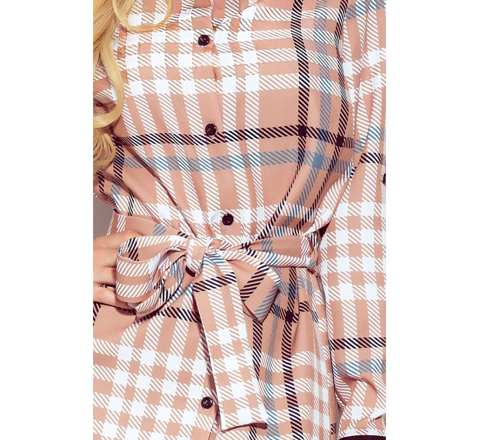Numoco Košeľové šaty s gombíkmi - béžové kockované