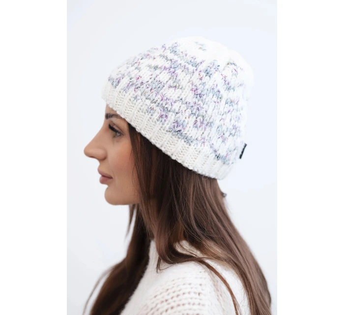 Dámska zimná vlnená čiapka s nórskym vzorom K354 ecru+purple