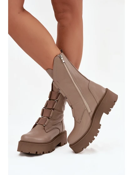 Botki Damskie Z Naturalnej Skóry Na Platformie Zazoo 3795 Beżowe