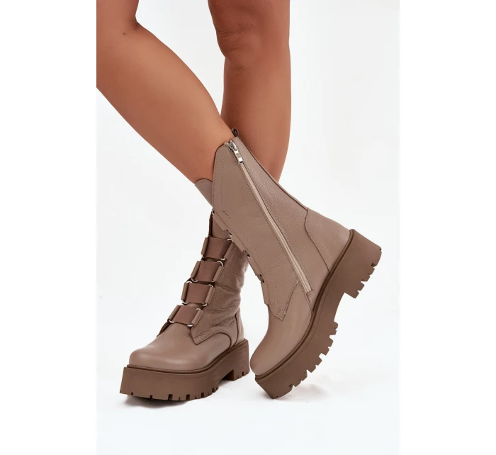 Botki Damskie Z Naturalnej Skóry Na Platformie Zazoo 3795 Beżowe