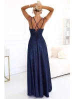 589-2 Dlhé šaty s jemnými trblietkami a korzetovým viazaním vzadu - tmavomodré s trblietkami