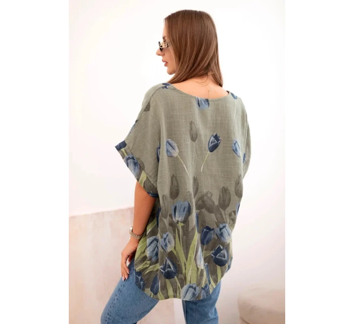 Dámske bavlnené tričko s kvetinovým vzorom khaki Dámske bavlnené tričko s kvetinovým vzorom khaki