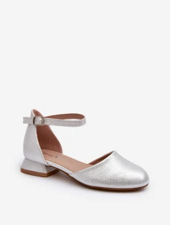 Dziecięce Błyszczące Sandałki Na Niskim Obcasie Srebrne Nelly