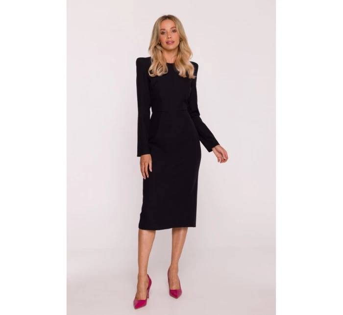 S412 Šaty v tvare ceruzky s ozdobnými ramenami - čierne