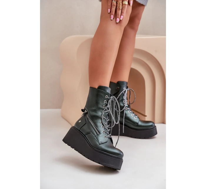 Kožené Botky Workery Na Platformě A Klínu model 21678213 Zelené - Maciejka