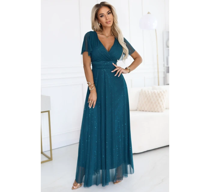 dlouhé třpytivé šaty s výstřihem a krátkými rukávy lahvově zelené model 21412840 - numoco basic