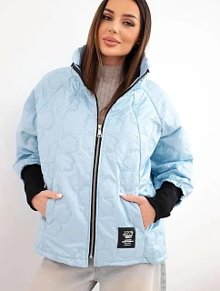 Dámska jarná prešívaná bunda s ozdobným potlačou a zipsom modrá