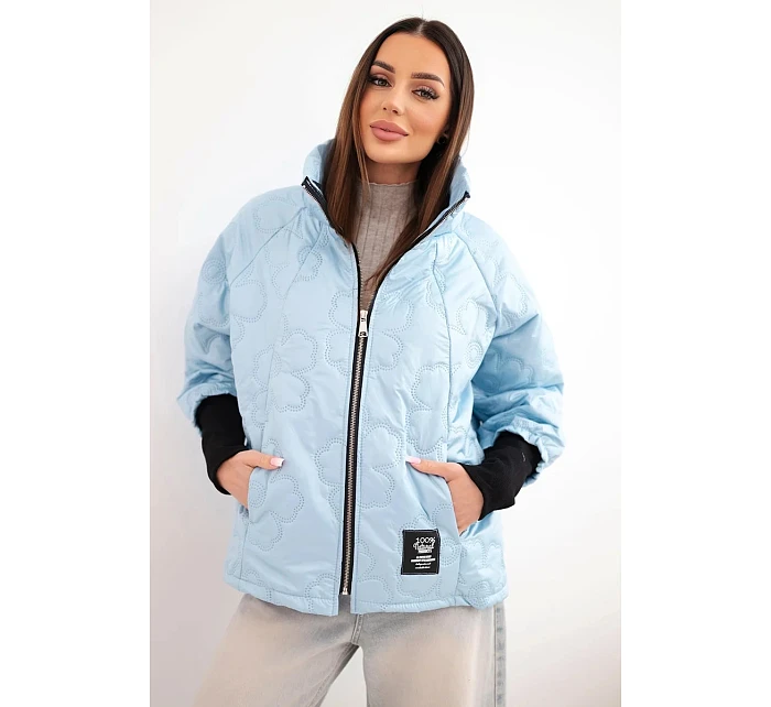 Dámska jarná prešívaná bunda s ozdobným potlačou a zipsom modrá