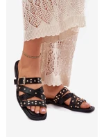 Zdobené Dámské Pantofle Na Plochém Podpatku S Pásky A Přezkou Černé model 21699522 - Boto Zdobené Dámské Pantofle Na Plochém Podpatku S Pásky A Přezkou Černé model 21699522 - Boto