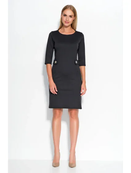 Dámske šaty značkové zdobené v páse gombíkmi stredne dlhé čierne - Čierna - Makadamové Dámske šaty značkové zdobené v páse gombíkmi stredne dlhé čierne - Čierna - Makadamové