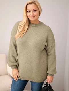 Dámsky sveter vo veľkosti Plus Size s voľným strihom a dlhými rukávmi v khaki farbe