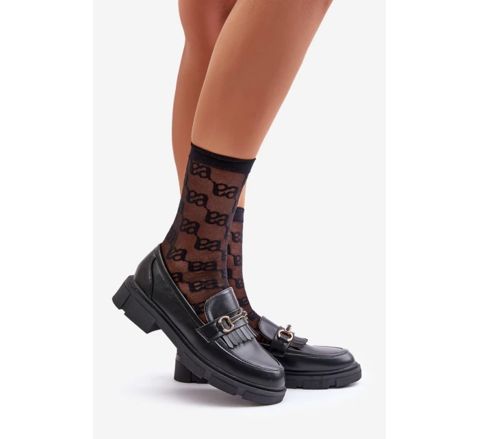 Mokasyny Damskie Z Ozdobą Eko Skórzane Czarne Tialorae