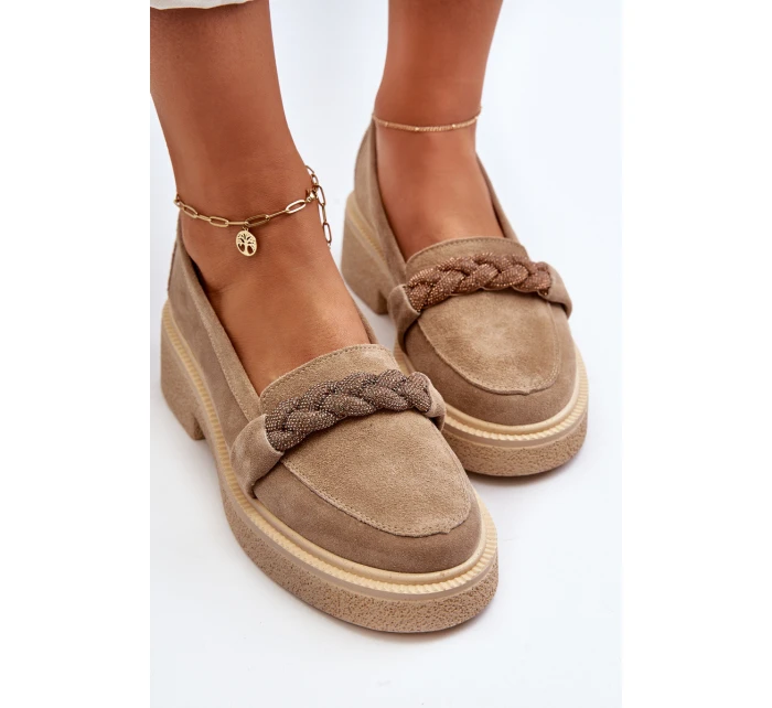 Zazoo 3429/W Damskie Zamszowe Mokasyny Z Ozdobą Beżowe