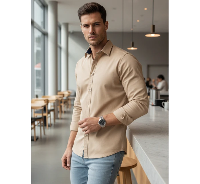 Pánská elegantní hladká béžová košile SLIM FIT Dstreet model 21981633 - FashionStreet