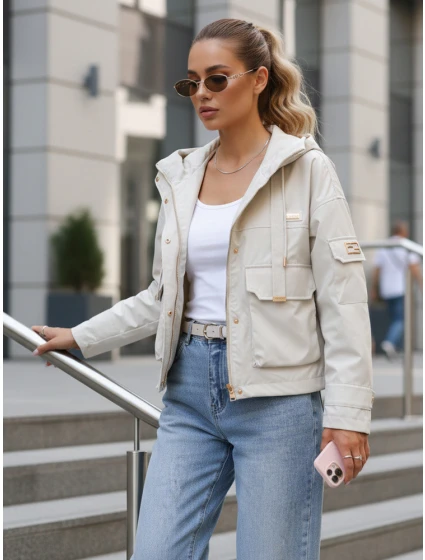 Dámska prechodná bunda s kapucňou a vreckami béžová FashionStreet TY5634