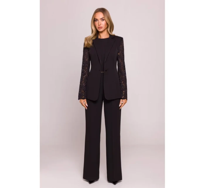 M865 Sako s čipkovanými panelmi a jedným gombíkom - čierne M865 Sako s čipkovanými panelmi a jedným gombíkom - čierne