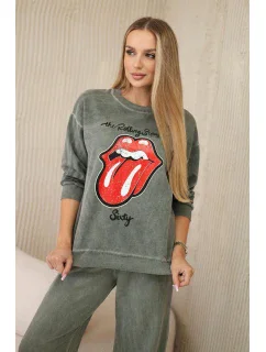 Bavlněná souprava model 20330053 potiskem teplákové + kalhoty khaki - K-Fashion