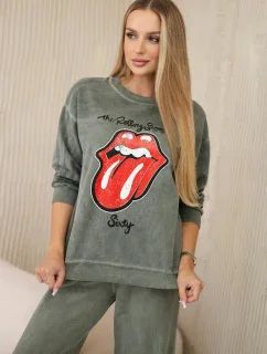 Bavlněná souprava model 20330053 potiskem teplákové + kalhoty khaki - K-Fashion