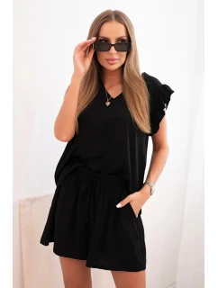 Dámský komplet z model 21214031 blůza s volánky a krátké šortky černý - K-Fashion