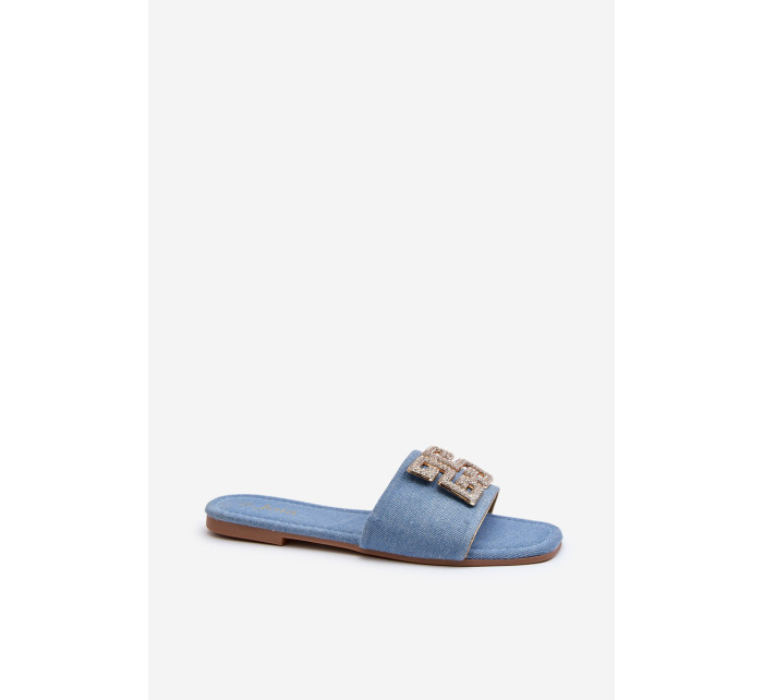 Dámske džínsové papuče s plochým podpätkom a ozdobou, modré Inaile