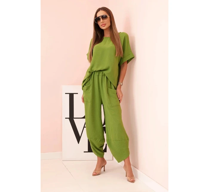 Komplet z viskózy blůza + kalhoty olivová