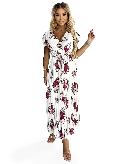 Plisované midi šaty s výstřihem a volánky ecru + vínové květy model 21097879 - numoco basic