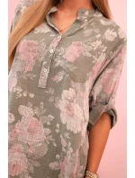 Dámske bavlnené tričko s kvetinovým vzorom a vyhrnutými rukávmi khaki