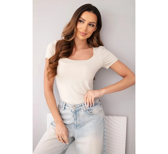 Dámska bambusová blúzka s krátkymi rukávmi a širokým výstrihom basic beige