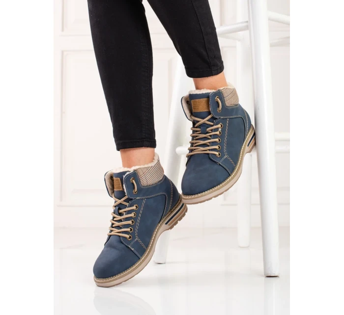 Dámske značkové členkové topánky modré s plochým podpätkom Dámske značkové členkové topánky modré s plochým podpätkom