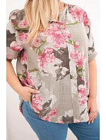 Plus size dámska bavlnená blúzka s véčkovým výstrihom s kvetinovým vzorom fango