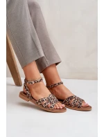Dámske kožené sandále Zazoo 3688 Brown s plochým leopardím podpätkom