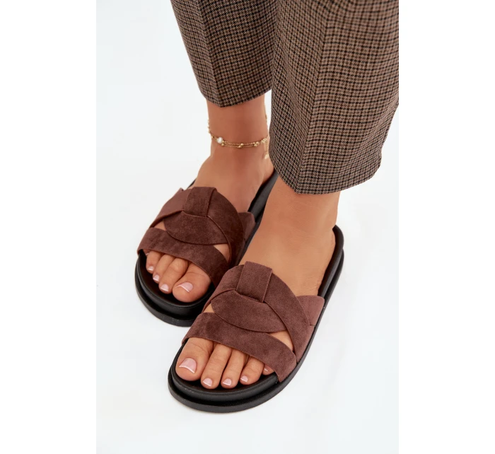 Dámské pantofle Eko semiš s pásky tmavě hnědé Marivessa