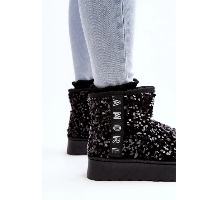 Śniegowce Damskie Na Platformie Zdobione Cekinami Czarne Silmo Śniegowce Damskie Na Platformie Zdobione Cekinami Czarne Silmo