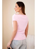 Dámska rebrovaná blúzka z viskózy s vodopádovým výstrihom a riasením candy pink