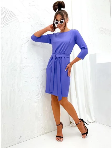 Klasické fialové šaty s opaskom na zaväzovanie (701)