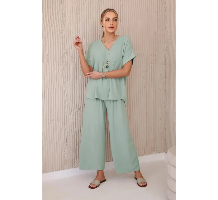 Komplet s náhrdelníkem halenka + kalhoty tmavá máta Komplet s náhrdelníkem halenka + kalhoty tmavá máta