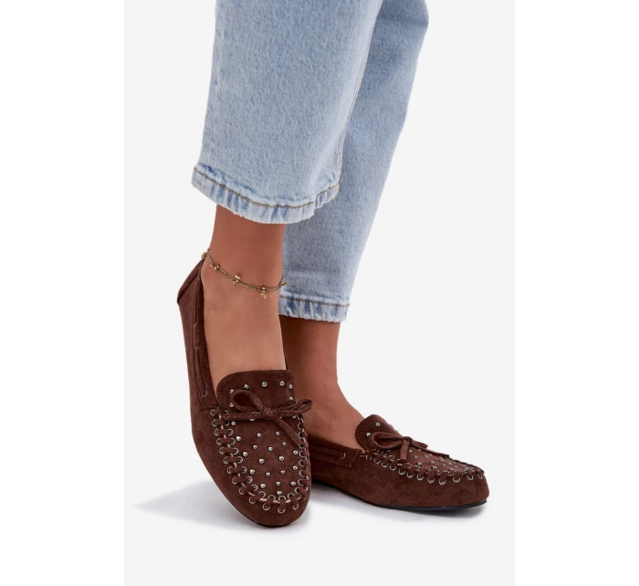 Zdobione Mokasyny Damskie Z Eko Zamszu Brązowe Prissine Zdobione Mokasyny Damskie Z Eko Zamszu Brązowe Prissine
