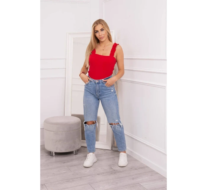 Blúzka bez ramienok s volánikmi červená