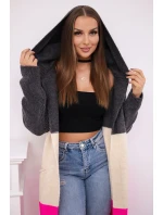 Pruhovaný sveter s kapucňou grafitová + béžová + neónovo ružová