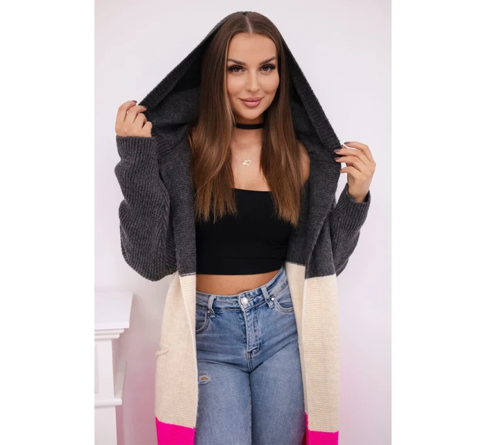 Pruhovaný sveter s kapucňou grafitová + béžová + neónovo ružová