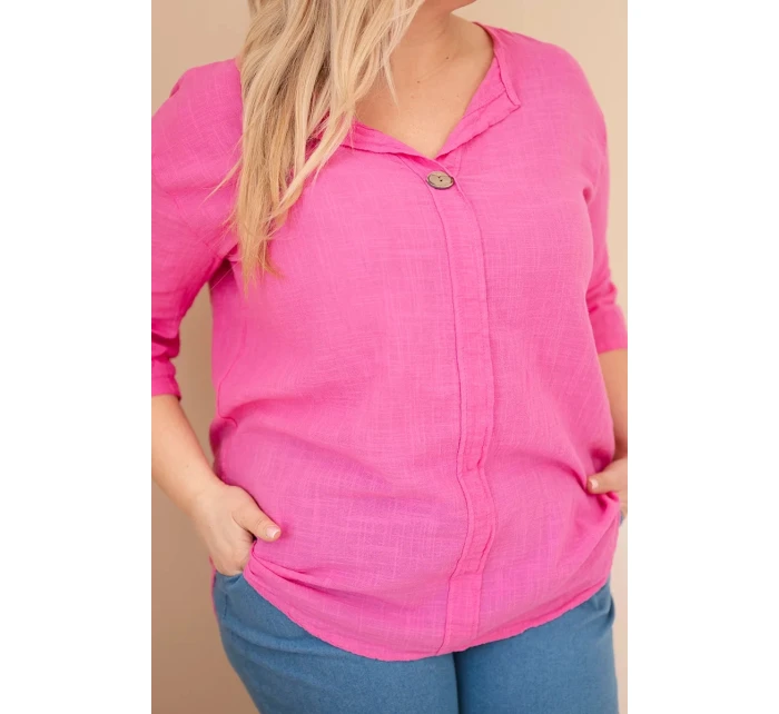 Dámská bavlněná halenka Plus Size s výstřihem na knoflíky růžová